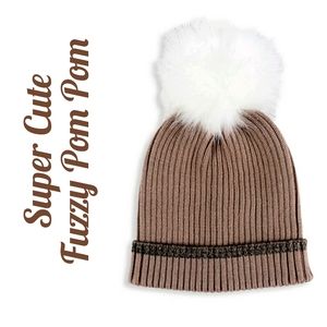 Marcus Adler Faux Fur Pom-Pom Beanie Hat Rib Knit